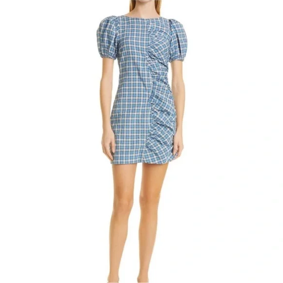 ganni blue checkered dress GANNI light blue ruffled seersucker checked dress  BOREAL REBORN